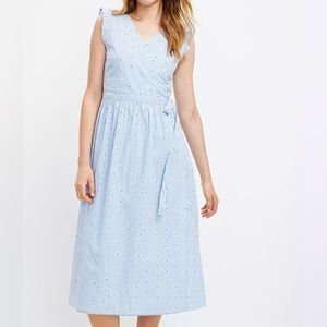 NWT LOFT Blue White Stripe Daisy Eyelet Ruffle Sleeve Wrap Midi Dress